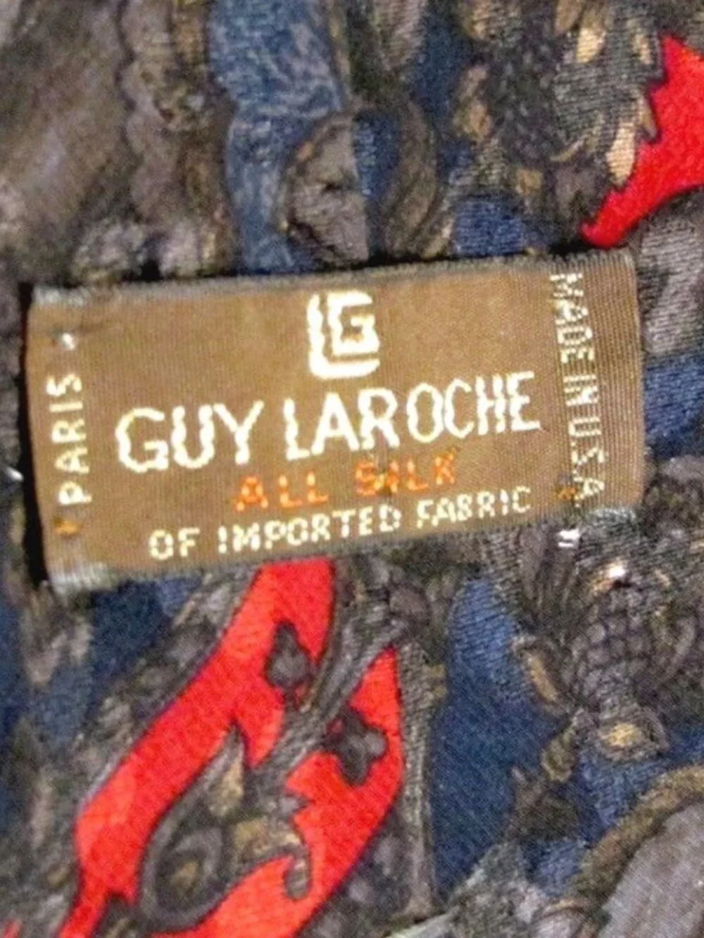 Guy LaRoche Men's Silk Tie Gray Abstract Red Blue Charcoal